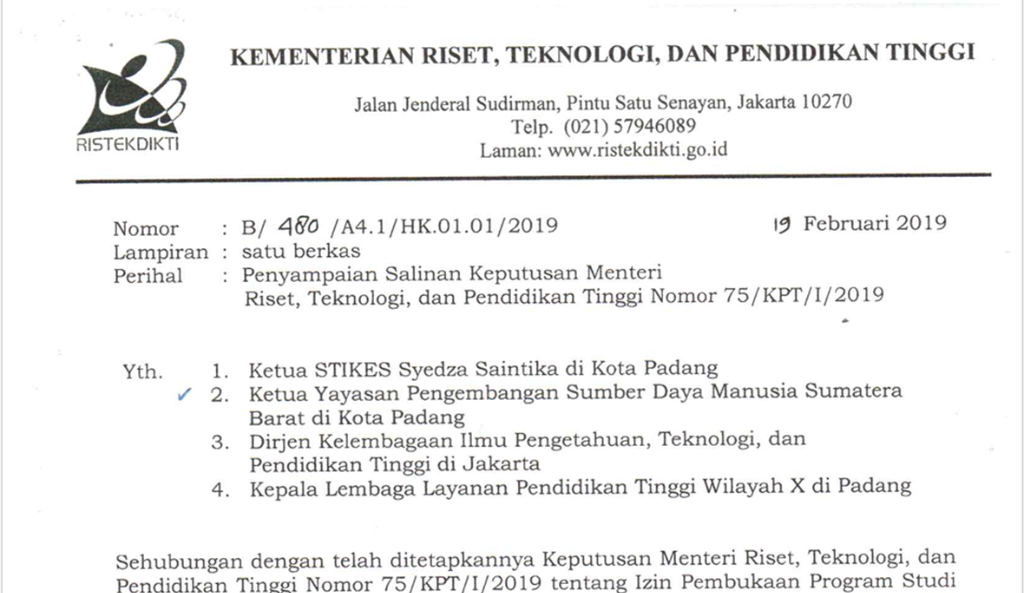 SK Pendirian Kemenristekdikti No 75/KPT/I/2019